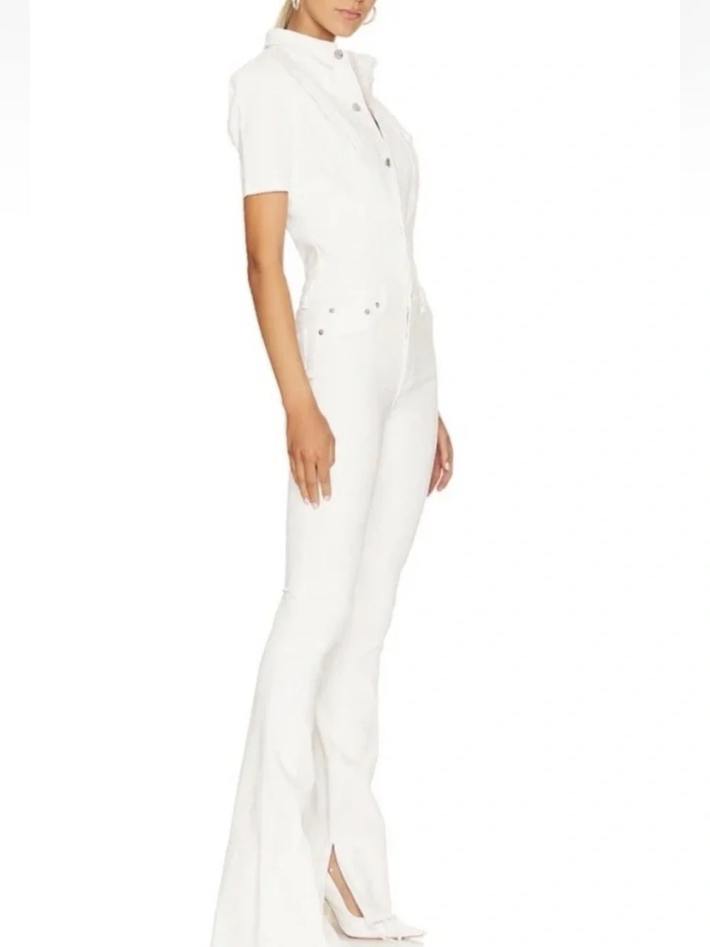 SER.O.YA Fallon White Denim Jumpsuit X Small Flare Frayed Slit Stretch $395. F